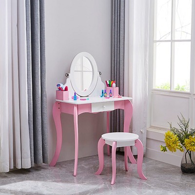 Angel Sar Kids Vanity Set, Wooden Makeup Dressing Table with 360° Rotating Mirror, Stool, Anti-Slip Foot Pads, Pink Princess Design