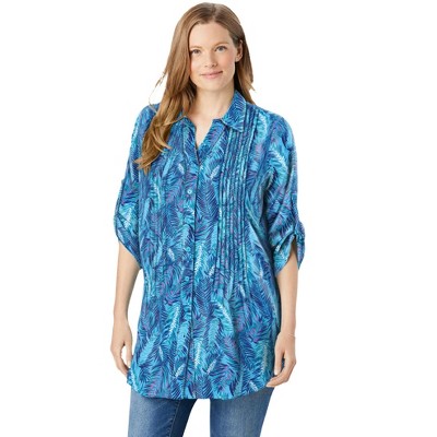 Woman Within Plus Size Pintucked Button Down Gauze Shirt