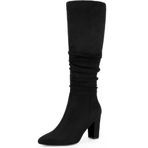 BLISSFUL STEP Wrinkled Pointed Toe Chunky Heel Knee High Boots for Women - 1 of 4