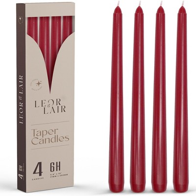 Leor & Lair 10" Taper Candles - 4 Pack - Unscented Tapered Candlesticks for Dinner, Home, and Holiday