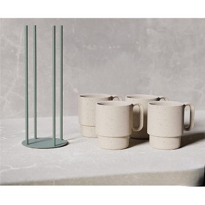 Stackable Off-White Ceramic Coffee Mugs with Green Metal Stand
