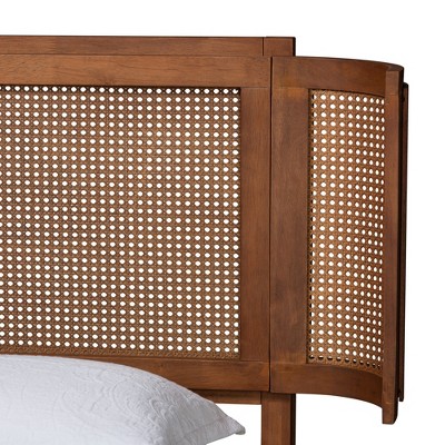 Walnut Brown Full Size Bed with Woven Rattan Headboard