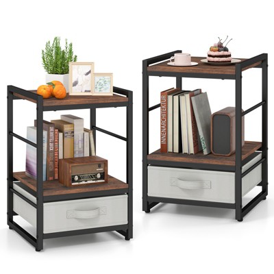 Tangkula 2 PCS Nightstand Industrial Bedside Table w/ Open Storage Shelf & Fabric Drawer