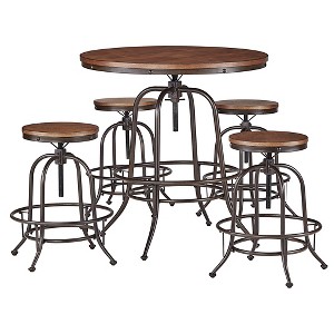 Mason Mixed Media Adjustable Counter Height 5-Piece Round Dining Set - Brown - Inspire Q