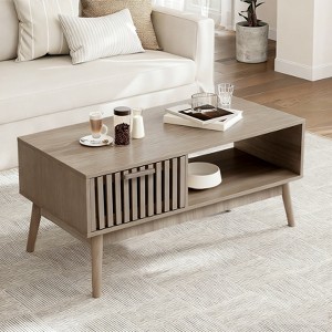 39.4" Mid Century Modern Fluted Coffee Table with Drawer, Open Shelf & Study Wood Legs for Living Room - 1 of 4