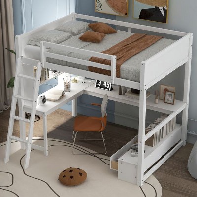 YOOCOZZ Full Size Wooden Loft Bed with L-Shaped Desk, LED And USB - White