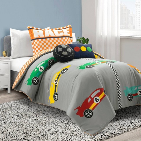 4pc Twin Kids Racing Cars Reversible Oversized Comforter Bedding Set Gray orange Lush Decor Target