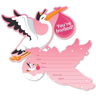 Big Dot of Happiness Girl Special Delivery - Shaped Fill-in Invites - Pink It's a Girl Stork Baby Shower Invitation Cards with Envelopes - Set of 12