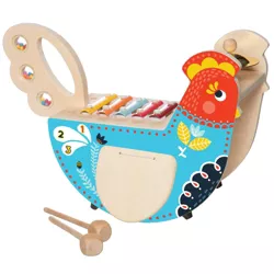 Manhattan Toy Musical Chicken Wooden Instrument for Toddlers with Maraca, Cymbal, Clacking Wings, Drumsticks, Washboard and Xylophone
