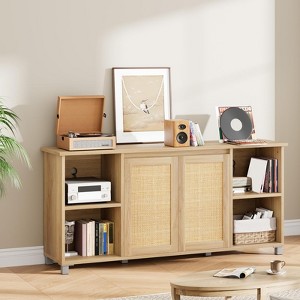TV Stand for TVs up to 70'', Mid Century Modern Entertainment Center with 2 Rattan Doors & 4 Open Shelves, Boho Media TV Console for Living Room - 1 of 4