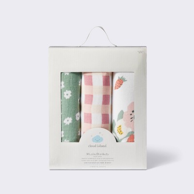 Muslin Swaddle Baby Blanket - Floral Gingham - 3pk - Cloud Island&#8482;