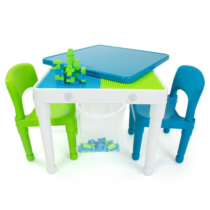 3pc Kids&#39; 2 in 1 Square Activity Table with Chairs and 100pc Building Blocks White/Green/Blue - Humble Crew, 3 of 12