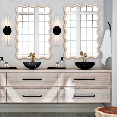 39.25-Inch Tall Rectangular Natural Pine Wood Wavy Frame Wall Mirror