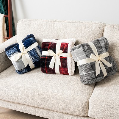Light Gray Plaid Sherpa Fleece Twin Throw Blanket