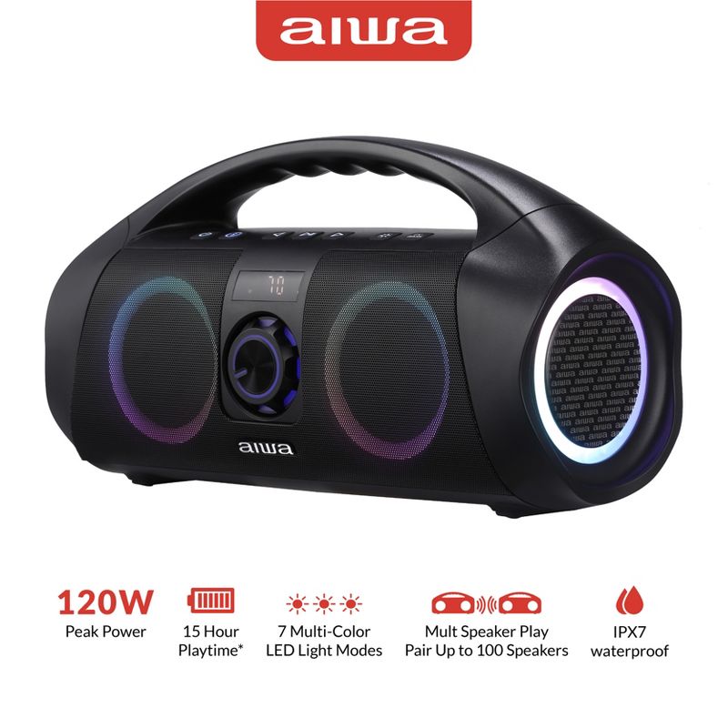 Aiwa Portable Bluetooth Boombox Speaker IPX7 Waterproof with Multi Color LED Lighting and Digital Display, 3 of 8