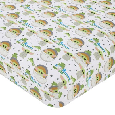 Star Wars The Mandalorian Grogu White, Green, and Blue Nursery Fitted Crib Sheet