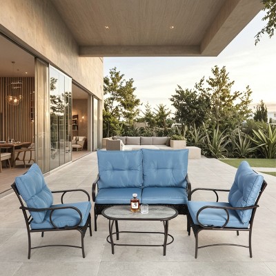 Outdoor 4 Pcs Furniture Set, Sofas with Steel Frame and PE Cushions, Wicker Conversation Sets with Rattan Chair and Coffee Table-Coolbibila