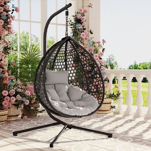 Modern Hanging Basket Egg Chair with Stand, Indoor & Outdoor Wicker Swing Chair with Soft Cushion & Headrest - ModernLuxe - 1 of 4