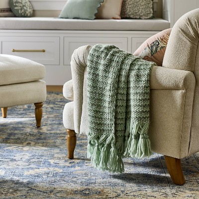 Green Woven Throw with Tassels, Recycled Polyester-Acrylic Blend