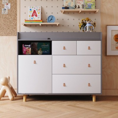 FUFU&GAGA Baby changing table Storage cabinet Leather pulls Solid wood feet Large space Partitioned storage