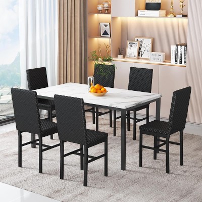 Hooseng 7-Piece Dining Room Table and Chairs Set for 6, Modern Kitchen Table Set with Faux Marble & Metal Frame & 6 PU Leather Chairs