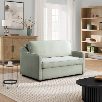 Sage Green Velvet Full Sleeper Loveseat with Wood Legs