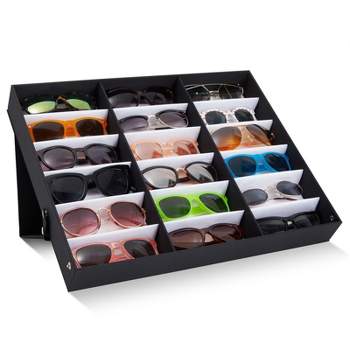 Juvale 18 Slot Sunglass Organizer, Display Case Storage for Women and Men, Eyeglasses, Black, 18.7 x 14.9 x 2.4 In
