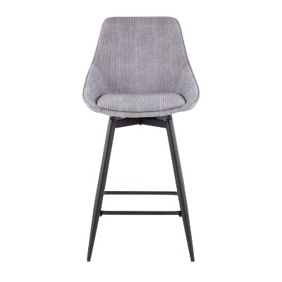 Set of 2 Gray Corduroy Swivel Counter Stools with Black Metal Legs