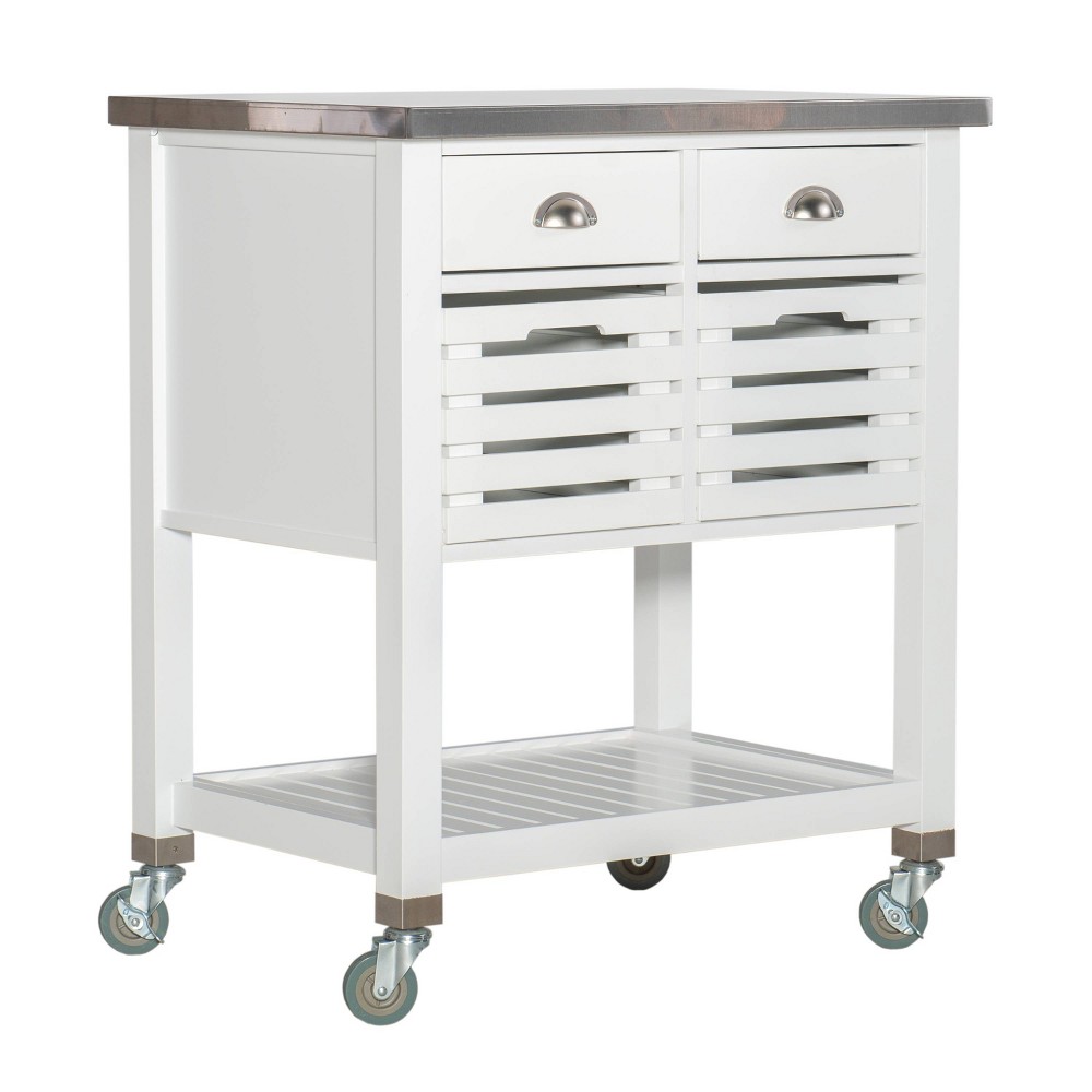 Robbin White Wood Kitchen Cart: Stainless Steel Top, Storage on Wheels - Linon