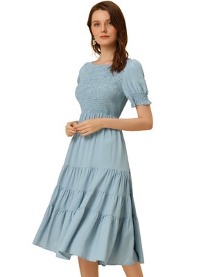 Allegra K Women's Summer Peasant Smocked Short Sleeve Midi Tiered A-Line Dress