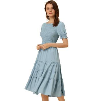 Allegra K Women's Regular Fit Summer Peasant Smocked Short Sleeve Midi Casual Tiered A-Line Dress