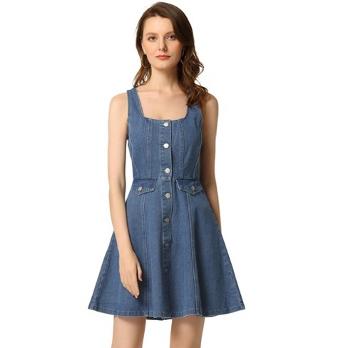 Sleeveless Dress Women Denim Square Collar Vintage A-line Ins