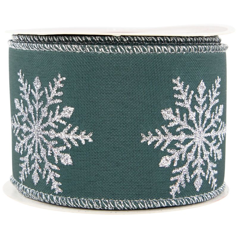 Northlight Green with Glitter Snowflakes Wired Craft Christmas Ribbon 2.5" x 10 Yards, 4 of 8