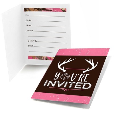 Big Dot of Happiness Pink Gone Hunting - Fill In Deer Hunting Girl Camo Baby Shower or Birthday Party Invitations (8 count)