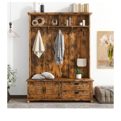 Coffee Brown Modern Style Hall Tree With Storage Cabinet Drawers Open Storage Shelves Space Saving For Hallway Living Room Mudroom Halloween Decorati