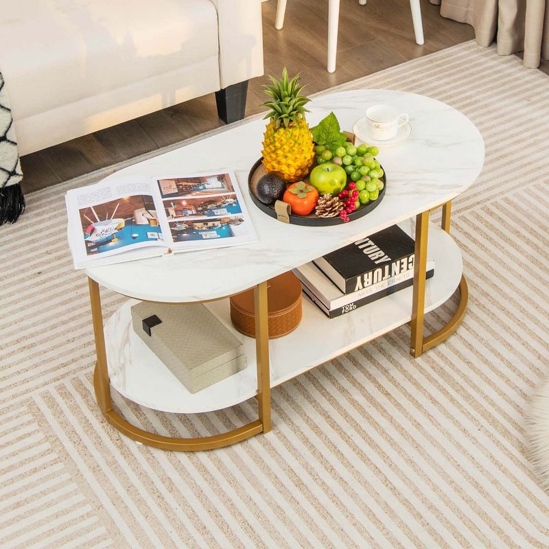 Costway White Marble Coffee Table  Modern 2-Tier Center Table with Open Storage Shelf, 2 of 11