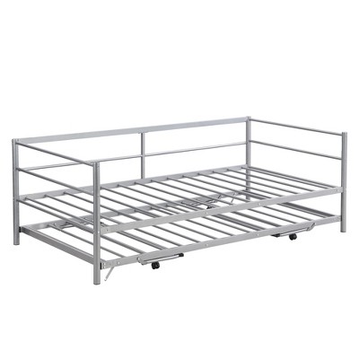 Daybed Twin Bed Frame with Adjustable Pop Up Trundle Safety Guardrail Braces for Small Apartment Living Room
