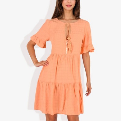 Anna-Kaci Women's Ruffle Sleeve Tiered Dress With Button And Tassel Detail