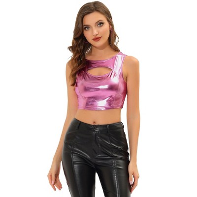 Allegra K Metallic Crop Top For Women's Shiny Sleeveless Cut Out Party ...