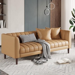 Faux Leather Sofa Couch, Modern 78" W Sofa with Deep Seats, 3 Seater Sofa Couch with 2 Throw Pillows and Wood Legs, for Living Room - 1 of 4