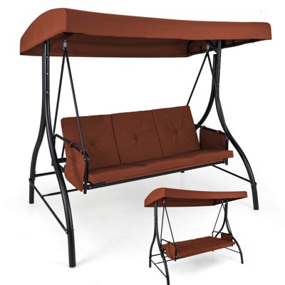 Costway 3-Seat Patio Swing with Canopy with Removable Cushions & Side Pockets Stand Black/Gray/Red/Brown/Beige