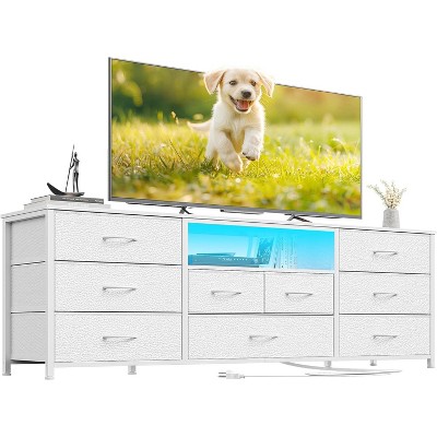 Furnulem 9 Drawer Dresser 63” Long TV Stand for Bedroom Entertainment Center with Power Outlet LED Light for 65"-75" TV White Dresser with Fabric