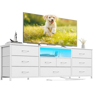 Furnulem 9 Drawer Dresser 63” Long TV Stand for Bedroom Entertainment Center with Power Outlet LED Light for 65"-75" TV White Dresser with Fabric - 1 of 4