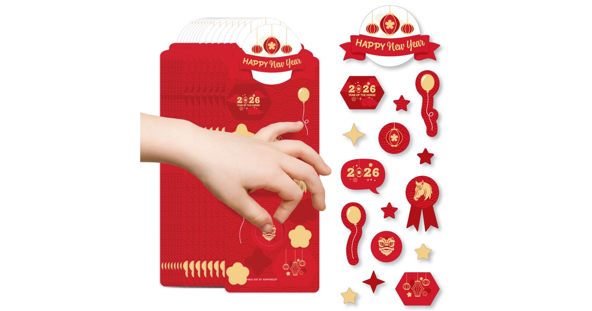 Big Dot of Happiness Lunar New Year - 2026 Year of the Horse Favor Kids Stickers - 16 Sheets - 256 Stickers