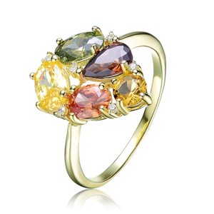 Guili Gold-Plated Sterling Silver CZ Pave Ring with multicolored oval & round stones, in Yellow or Rose Gold, sizes 6-8. - 1 of 3