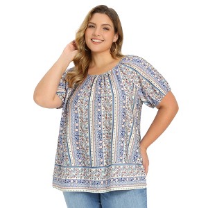 Women's Plus Size Boho Floral Print Puff Sleeve Round Neck Summer Casual Vacation Blouses - GRACE & GRANDEUR - 1 of 4