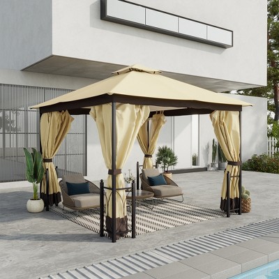 Beige and Black Steel Frame Patio Gazebo with Curtains