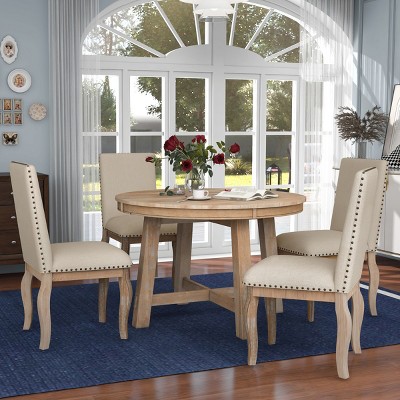 Dining Table Set Round, Dining Sets 5 Piece, Dining Set Solid Wood With 4 Upholstered Chairs, Extendable Dining Table Set-Cuddlewood