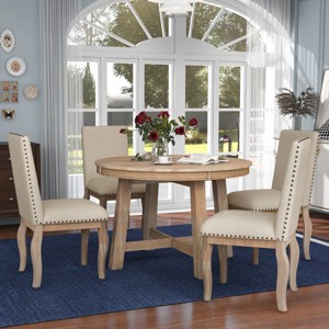 Dining Table Set Round, Dining Sets 5 Piece, Dining Set Solid Wood With 4 Upholstered Chairs, Extendable Dining Table Set-Cuddlewood - 1 of 4
