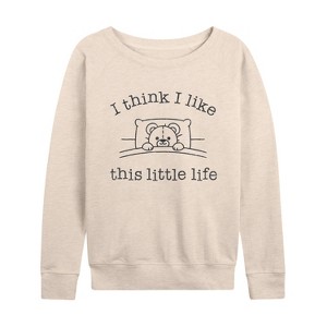 Women's - Instant Message - I Think I Like This Little Life Bear In Bed Lightweight French Terry Wide Neck Long Sleeve Graphic Shirt - 1 of 4